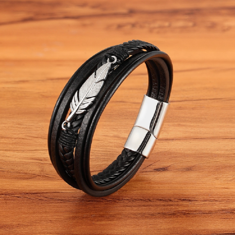 Pulsera de Cuero y Acero Inoxidable Hombre Hebilla Magnetica