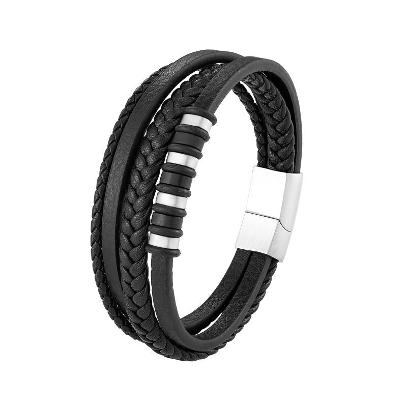 Pulsera de Cuero y Acero Inoxidable Hombre con Hebilla Magnético