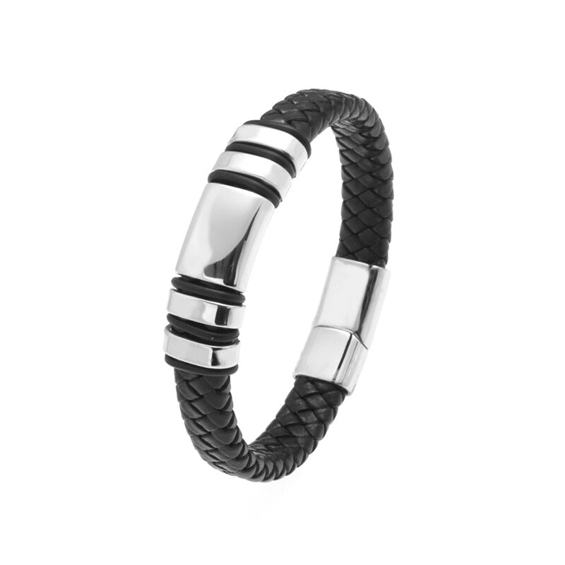 Pulsera de Cuero y Acero Inoxidable Hombre Hebilla Magnetica