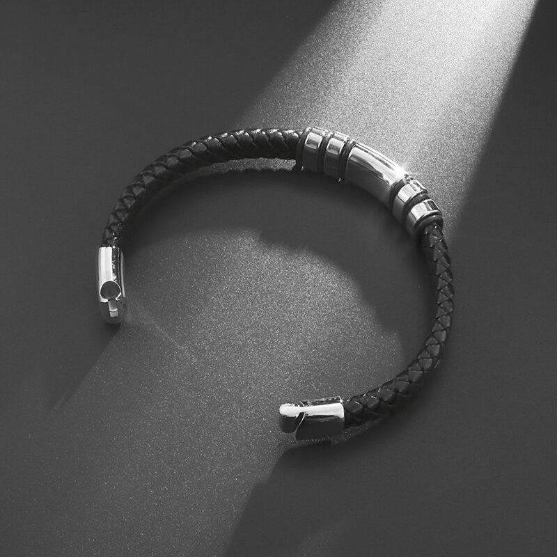 Pulsera de Cuero y Acero Inoxidable Hombre Hebilla Magnetica