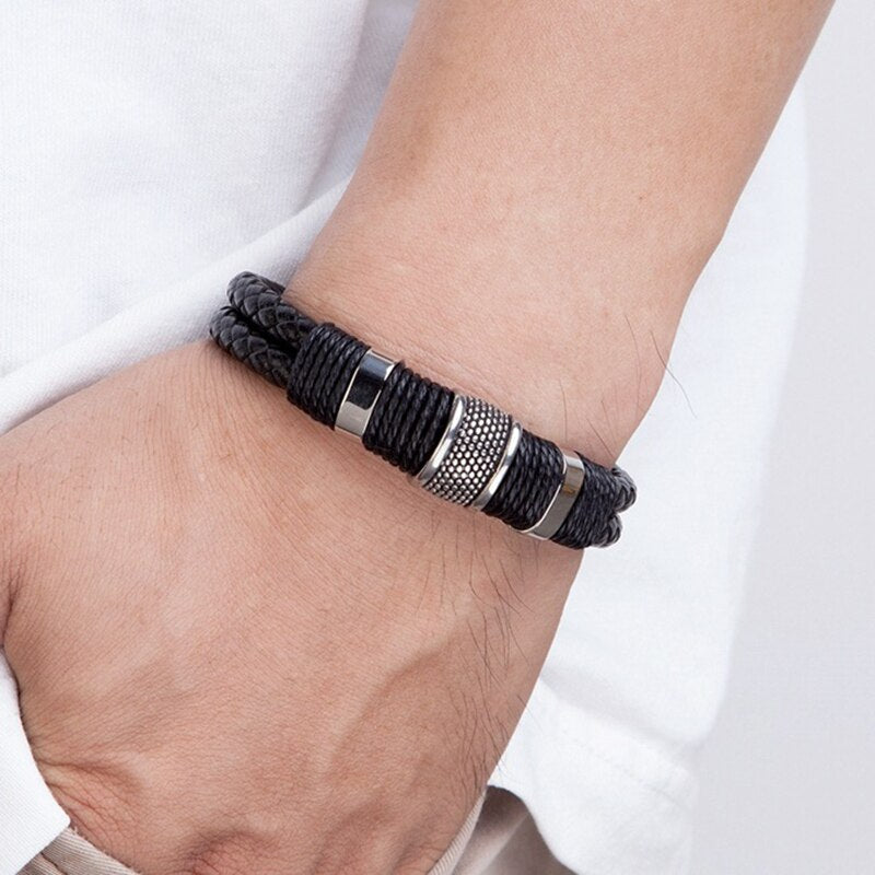 Pulsera de Cuero con Acero Inoxidable Hombre Hebilla Magnetica