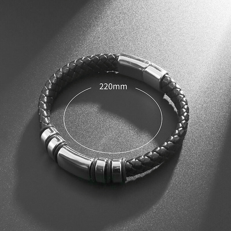 Pulsera de Cuero y Acero Inoxidable Hombre Hebilla Magnetica