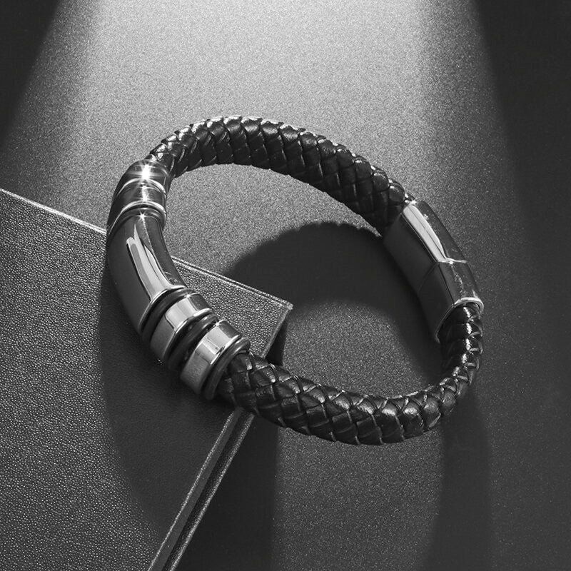 Pulsera de Cuero y Acero Inoxidable Hombre Hebilla Magnetica