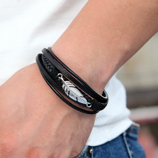 Pulsera de Cuero y Acero Inoxidable Hombre Hebilla Magnetica