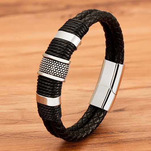 Pulsera de Cuero con Acero Inoxidable Hombre Hebilla Magnetica