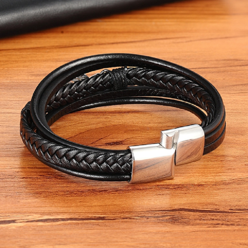Pulsera de Cuero y Acero Inoxidable Hombre Hebilla Magnetica