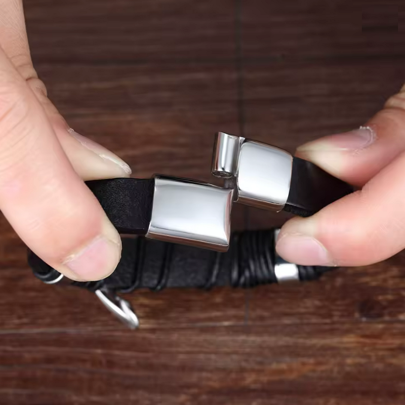Pulsera de Cuero y Acero Inoxidable Hombre Hebilla Magnetica
