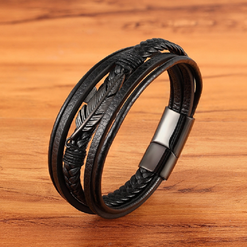 Pulsera de Cuero y Acero Inoxidable Hombre Hebilla Magnetica