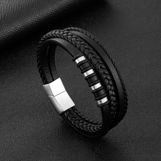 Pulsera de Cuero y Acero Inoxidable Hombre con Hebilla Magnético