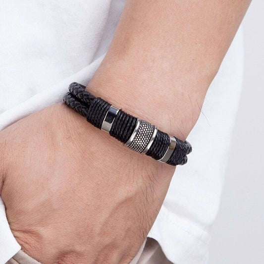 Pulsera de Cuero con Acero Inoxidable Hombre Hebilla Magnetica
