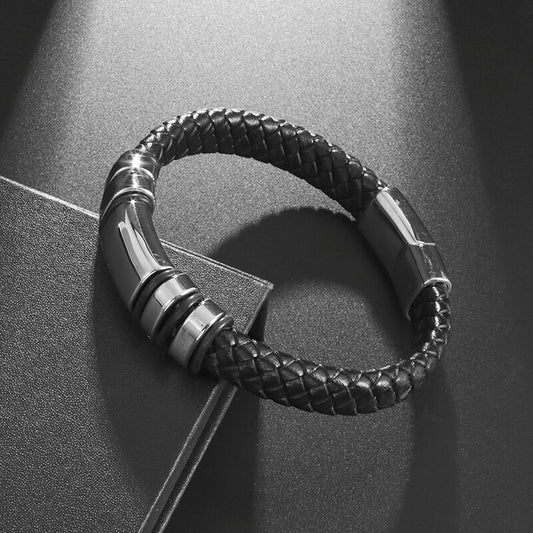 Pulsera de Cuero y Acero Inoxidable Hombre Hebilla Magnetica
